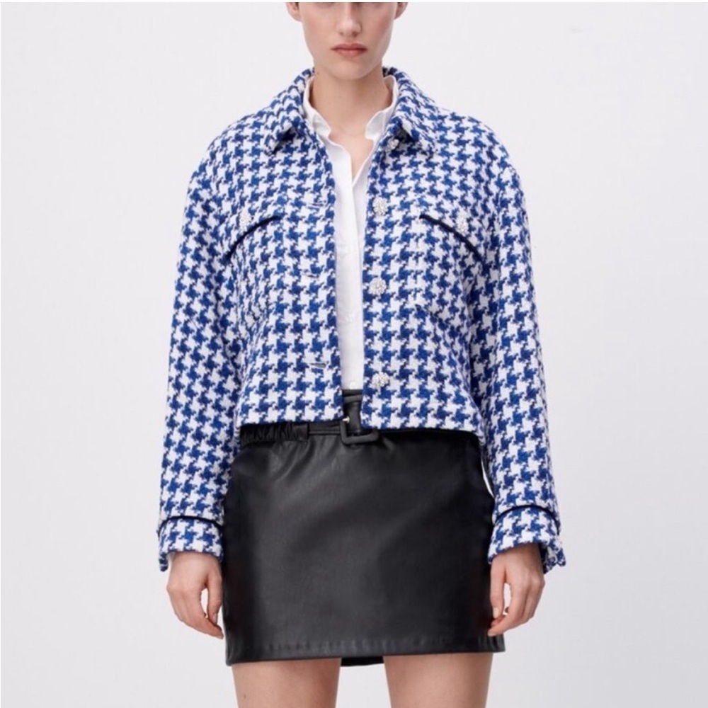 Zara Tweed jewel Lady Jacket Blazer Blue White Size S